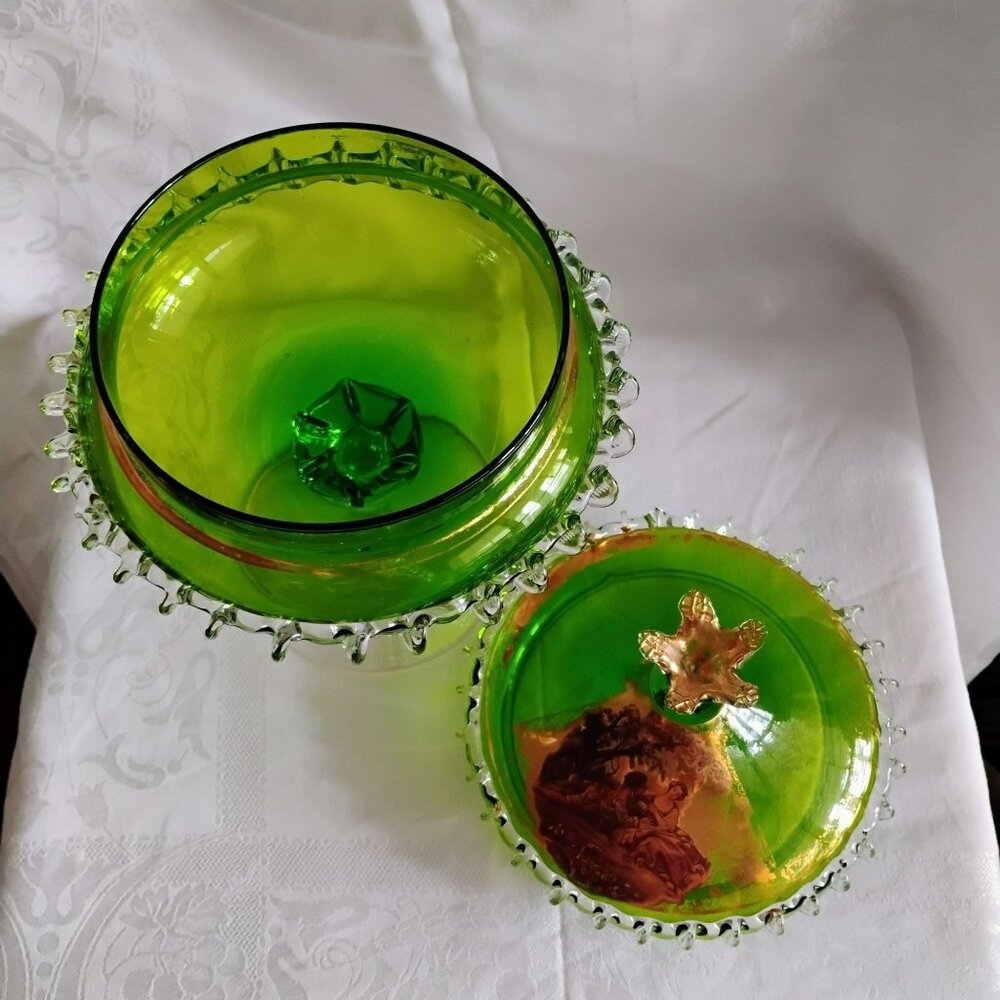MCM Empoli Green Glass Compote Lidded Candy Dish Rigaree Edge Gilt Gold Romantic - Picture 13 of 13